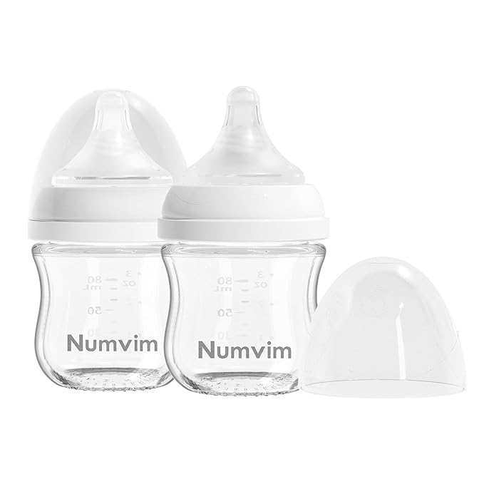 Numvim Glass Nurturing Baby Bottles Gentle & Extra Slow Flow, Newborn Breastfeeding Bottle with Anti Colic Nipple for 0 Months Babies, Includes SS Nipples(3Oz, 2 Packs)