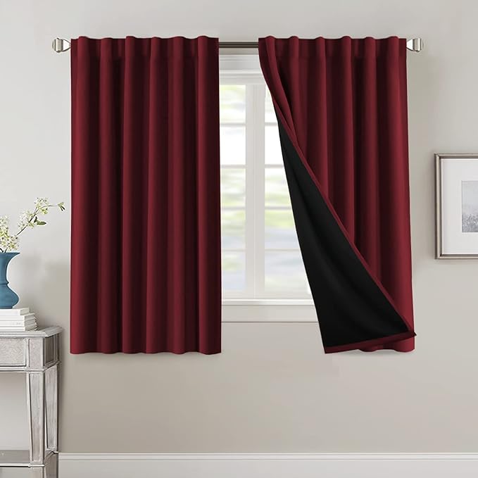 H.VERSAILTEX 100% Blackout Curtains for Bedroom with Black Liner Full Room Darkening Curtains 54 Inches Long Thermal Insulated Back Tab/Rod Pocket Window Drapes for Living Room, 2 Panels, Burgundy
