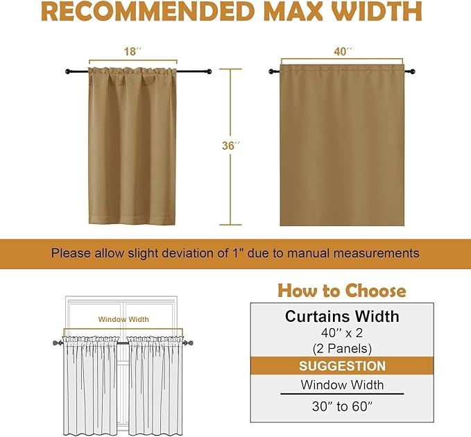 Aiyufeng Gold Short 36 Inches Blackout Curtain 2 Panels Set, Half Window Rod Pocket Privacy Curtain Tiers for Kitchen, Curtains Blackout for Bathroom Shades, W40 x L36 Inch, Gold