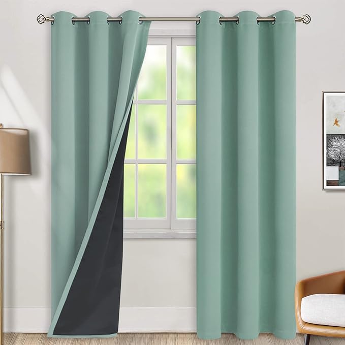BGment Thermal Insulated 100% Blackout Curtains for Bedroom with Black Liner, Double Layer Full Room Darkening Noise Reducing Grommet Curtain (42 x 84 Inch, Frosty Green, 2 Panels)