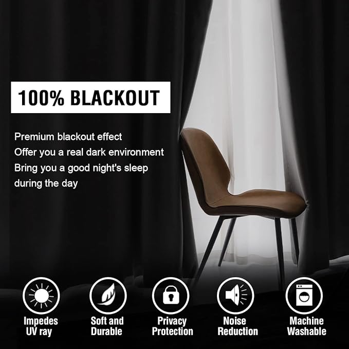 H.VERSAILTEX 100% Blackout Curtains for Bedroom with Black Liner Full Room Darkening Curtains 63 Inches Long Thermal Insulated Back Tab/Rod Pocket Window Drapes for Living Room, 2 Panels, Jet Black
