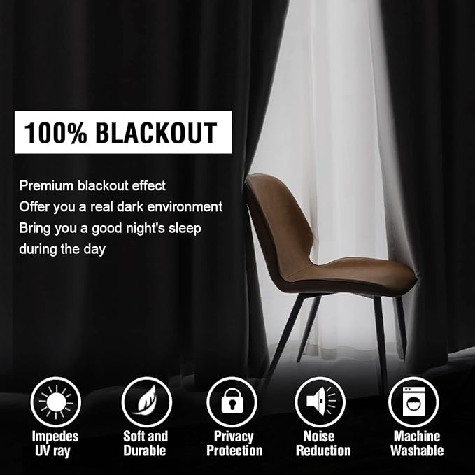 H.VERSAILTEX 100% Blackout Curtains for Bedroom with Black Liner Full Room Darkening Curtains 63 Inches Long Thermal Insulated Back Tab/Rod Pocket Window Drapes for Living Room, 2 Panels, Dove Grey