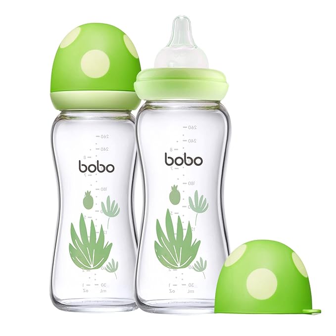 YOHKOH Natural Glass Baby Bottle with Level 2 Medium Flow Nipple, Newborn Anti-Colic Baby Bottles, Wide Neck Mushroom Baby Glass Bottle (Green, (8.8oz (Pack of 2))