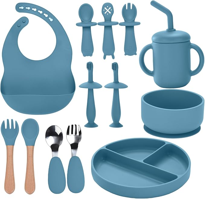 Silicone Feeding Set, 13PCS Baby Feeding Essentials with Suction Bowl & Plate, Spoons & Forks, Bib & Cup, Toothbrush, Baby Led Weaning Supplies for 6+ Months, Eating Essentials (Blue)