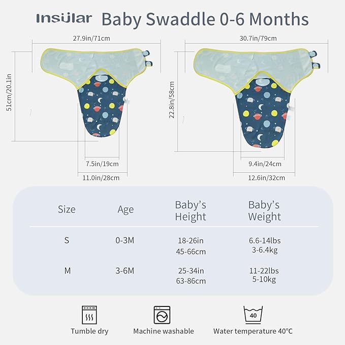 insular Baby Swaddle Wrap, Swaddle Blanket for Newborn and Infant, Adjustable Swaddling Set for Boy and Girl, Soft Cotton Baby Sleep Sack 3 Pack, Space, Medium(3-6 Month)
