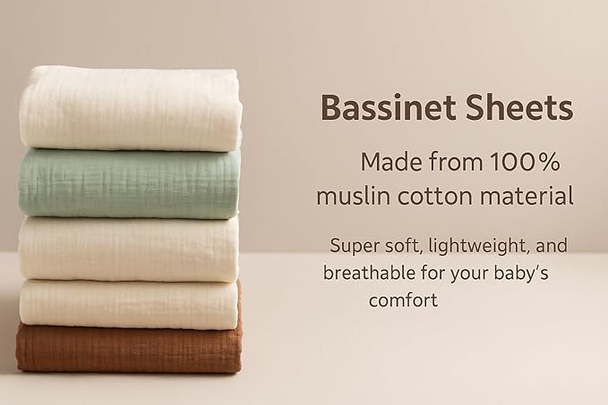 Muslin Bassinet Sheets Set of 2 Large Size 33x17 Pink & Beige Baby Bassinet Sheets, Soft Breathable Fitted Sheets for Bedside Sleeper, Gentle on Baby Skin, Stays Tight & Won’t Bunch Up