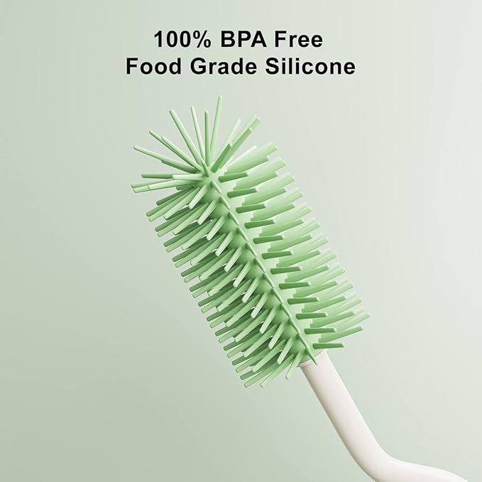 ePiiChua Silicone Bottle Brush Set with Stand, 360° Rotating Bottle Cleaning Brush Cleaner Set, Long Handle 3 in 1 Multipurpose Silicone Baby Bottle Straw Cleaner Brush (Green)