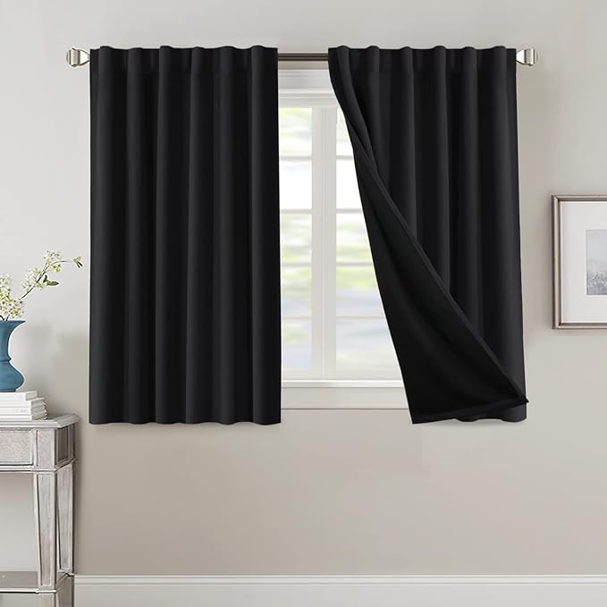 H.VERSAILTEX 100% Blackout Curtains for Bedroom with Black Liner Full Room Darkening Curtains 45 Inches Long Thermal Insulated Back Tab/Rod Pocket Window Drapes for Living Room, 2 Panels, Jet Black
