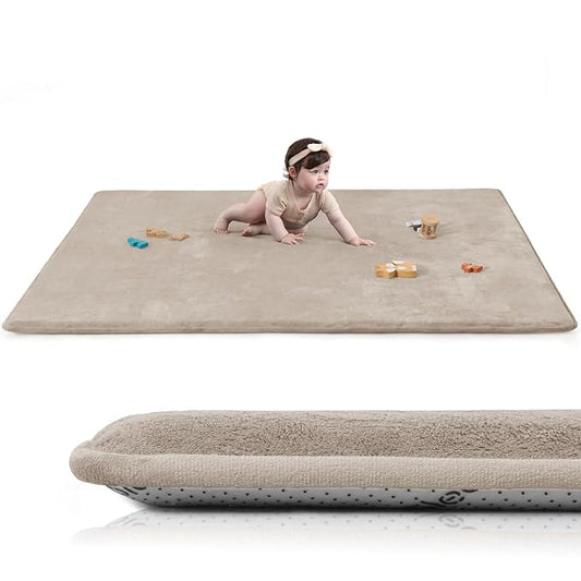 Baby Play Mat for Floor,Extra Large 59"×71" Playpen Mat for Tummy Time,Thicker Padded Elasti Foam Activity Mats for Toddler,Infant,Kids,Water Repellent Ultra Soft Velvet,Non-Slip Backing Safe for Crawling,Nursery & Playroom(Beige)