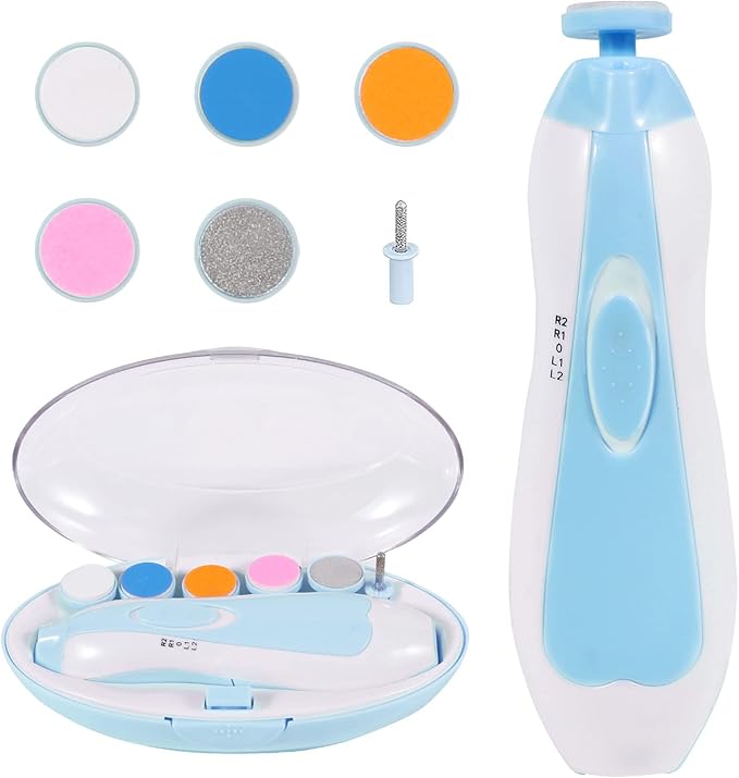 Baby Nail Trimmer Electric, Low Noise Newborn Safe Nail Clipper Kit with Light and Replaceable 6 Grinding Heads, Hand-Holding Care Polish and Trim for Infant Toddler Adults Toes Fingernails, Blue