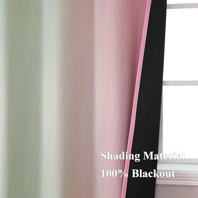 Estelar Textiler Pink and Sage Green Ombre Blackout Curtains 45 Inch Length 2 Panels, Full Room Darkening Gradient Drapes for Kitchen, Thermal Insulated Grommet Short Curtains for Bathroom, 42Wx45L