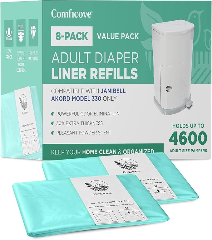 8 Pack Adult Diaper Liner Refills, Compatible with Janibell Akord 330 Model, Adult Diaper System to Eliminate Waste, Odor Resistant by Comficove (8pk)