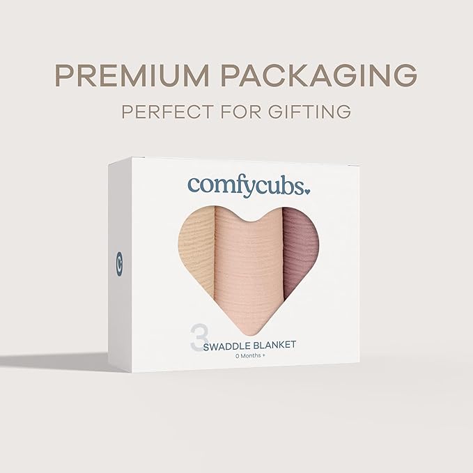 Comfy Cubs Muslin Swaddle Blankets Pack of 3, 42 x 42 Inch Soft 100% Cotton Baby Blanket Set, Large Wraps for Newborns - Self-Soothing Swaddles for Newborns - Cream, Blush, Mauve
