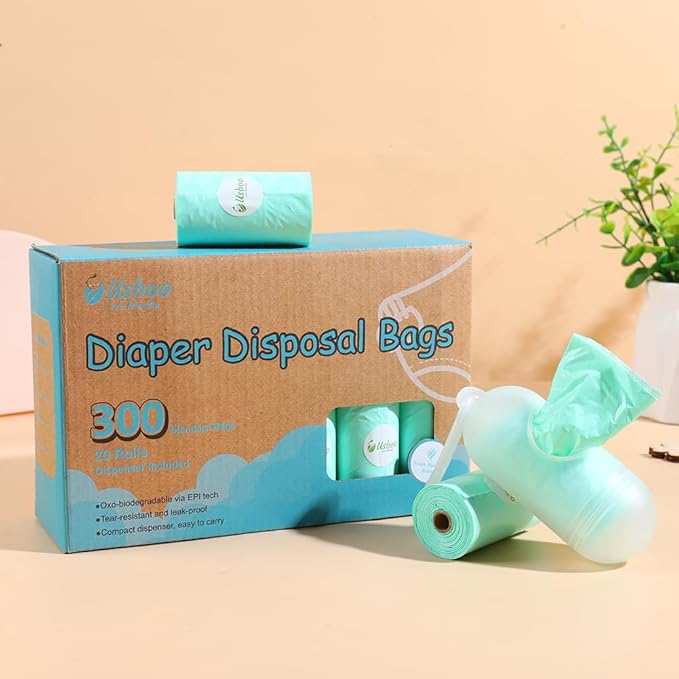 USBOO Diaper Bags Disposable for Baby - 20 Refill Rolls (300 Pack) Diaper Trash Bags with Dispenser, Diaper Bag Accessory, Fresh Powder Scent