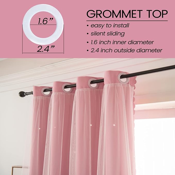 Girls Curtains for Living Room Bedroom Curtain Double Layer Blackout Curtains 90 Inch Length Star Cutout Pink Curtain Window Drapes for Nursery (Pink, 42W x 90L,2 Panels)