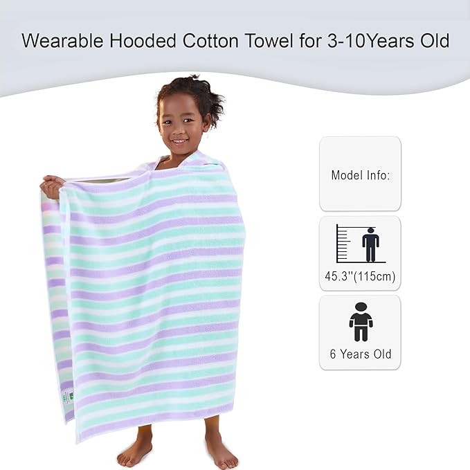 VOOVA & MOVAS Kids Hooded Bath Towels(3-10Years),Absorbent Quick Dry Lightweight Hooded Cotton Towel for Pool | Swim | Beach | Bath, Boys Wrap Towel with Hood, Aqua Purple Stripe