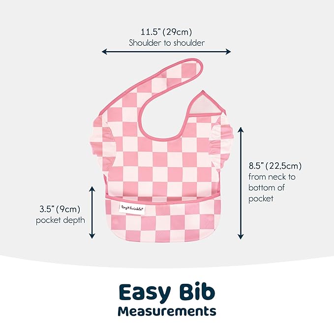 Tiny Twinkle Mess-Proof Baby Bibs for Eating | Waterproof, Wipeable Toddler Bibs with Catch-All Pocket | Feeding Bibs for Girls & Boys(3 Pack,Checkers Girl)