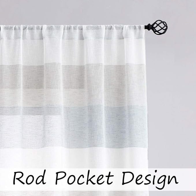 Central Park Gray and Smoke Blue Stripe Sheer Color Block Window Curtain Panel Linen Window Treatment for Bedroom Living Room Farmhouse 84 inches Long Rod Pocket, 2 Panel Rustic Drapes, 40"x84"x2