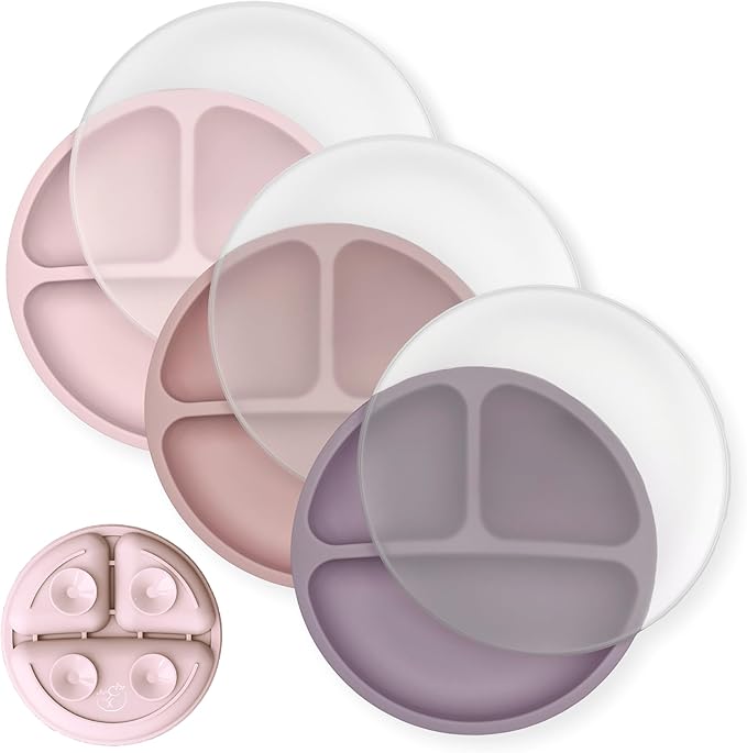 Hippypotamus Toddler Plates with Suction - 100% Food-Grade Silicone Baby Plates with Lids - Microwave & Dishwasher Safe - BPA Free - Set of 3 (Orchid/Blush/Primrose with LIDS)
