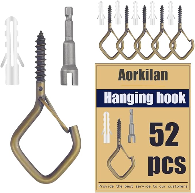 52-Pack Heavy-Duty Bronze Screw Eye Hooks with Safety Clips | Metal Ceiling Hooks for Hanging Plants, Wind Chimes, Bird Feeders & Indoor/Outdoor Lights