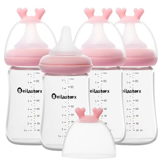Beilastarx Glass Baby Bottles with Natural Response Nipple Size M - Anti Colic Baby Bottles Wide Neck Slow Flow Baby Bottle(Red, 8oz (Pack of 4))