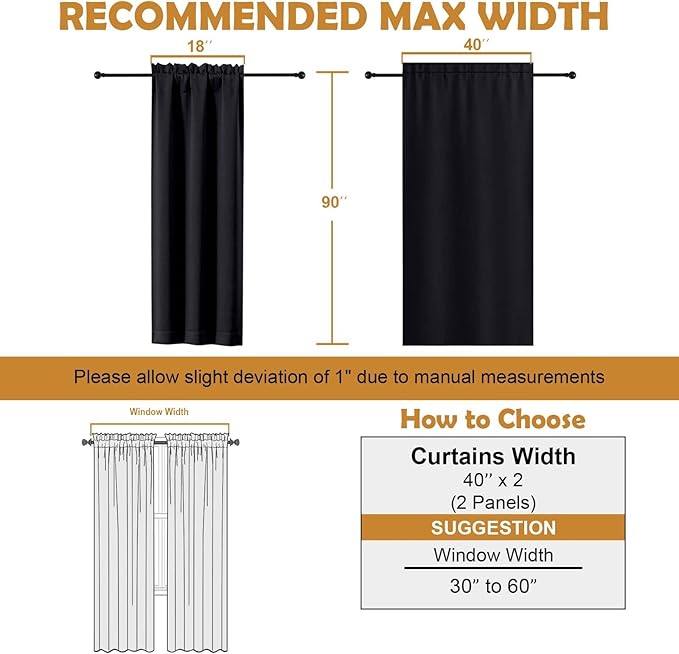 Aiyufeng Halloween Black Blackout Curtains for Bedroom 90 Inches Long 2 Panels Set, Solid Privacy Energy Saving Living Room Window Treatment Curtains Blackout Drapes, W40 x L90 Inch, Black