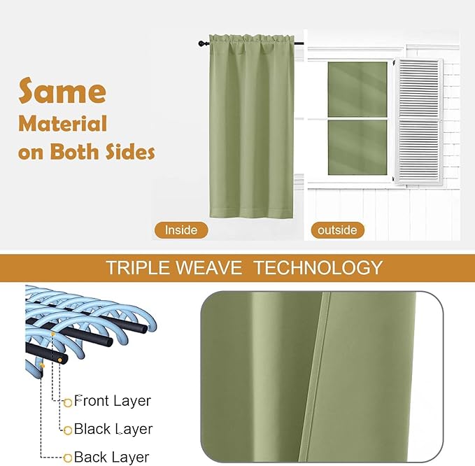 Aiyufeng Sage Green Short Blackout Curtains for Bedroom 45 Inches Long 2 Panels Set, Solid Thermal Insulated, Energy Saving Window Treatment Curtains Blackout Drapes, W40 x L45 Inch, Sage Green