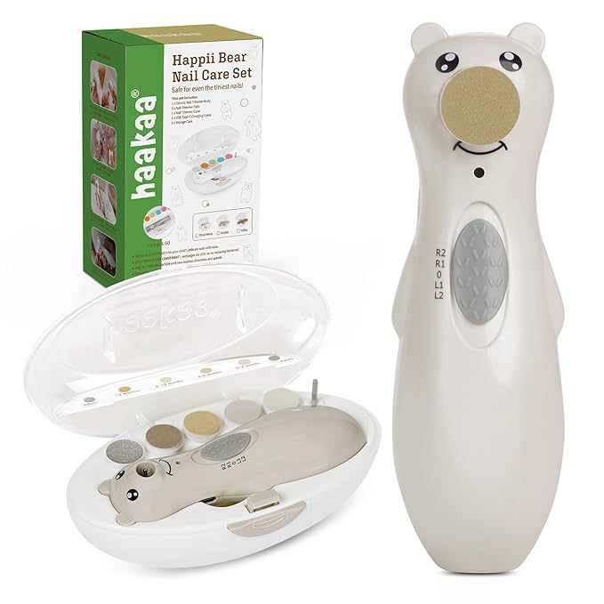 haakaa Rechargeable Baby Nail Trimmer with LED Light, Rechargeable Baby Nail File for Toddler/Newborn/Adults Toes and Fingernails, Additional Replacement Heads & Charging Cable, Compact Case, Pebble