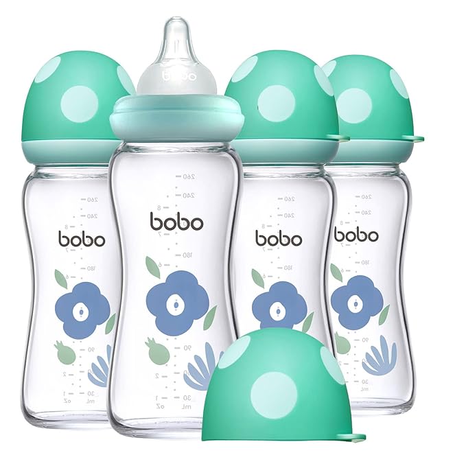 YOHKOH Natural Glass Baby Bottle with Level 2 Medium Flow Nipple, Newborn Anti-Colic Baby Bottles, Wide Neck Mushroom Baby Glass Bottle (Blue, (8.8oz (Pack of 4))