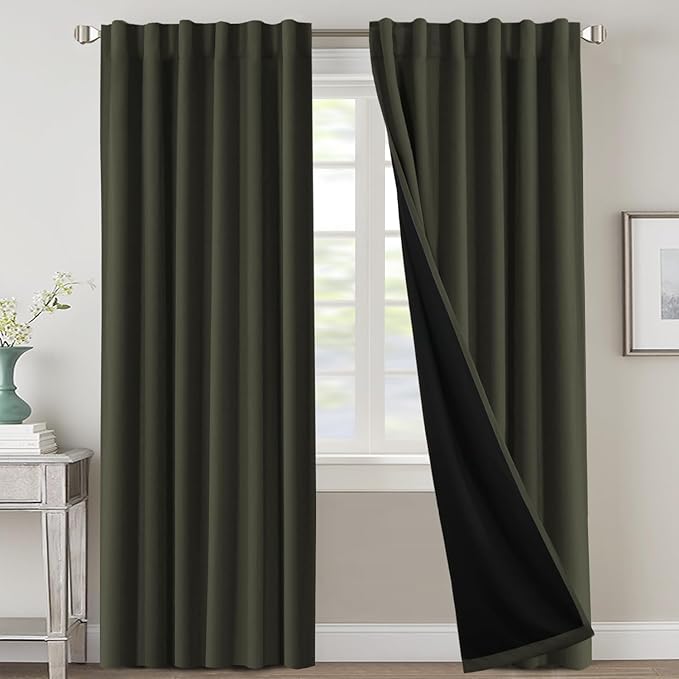 H.VERSAILTEX 100% Blackout Curtains for Bedroom with Black Liner Room Darkening Curtain 84 Inch Long Thermal Insulated Back Tab/Rod Pocket Window Treatment Drapes for Living Room, 2 Panels, Olive