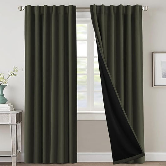 H.VERSAILTEX 100% Blackout Curtains for Bedroom with Black Liner Full Room Darkening Curtain 96 Inch Long Thermal Insulated Back Tab/Rod Pocket Window Drapes for Living Room, 2 Panels, Olive