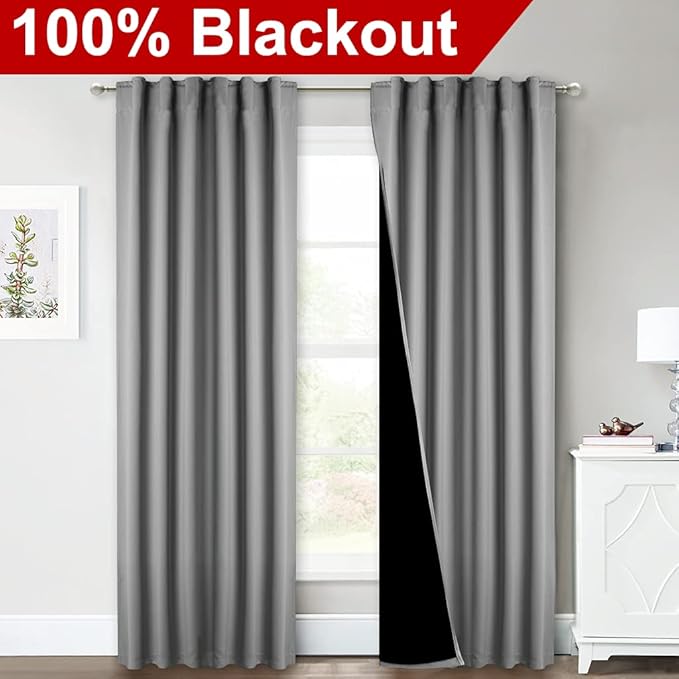 NICETOWN Total Shade Curtains and Draperies, Heavy-Duty Full Light Shading Drapes with Black Liner Backing for Villa/Hall/Dorm Window (Silver Gray, Package of 2, 52-inch Wide x 95-inch Long)