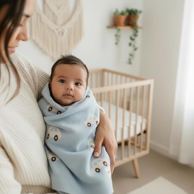 Baby Blanket for Boys 100% Cotton Buttery Soft Cozy Receiving Swaddle Stroller Blanket for Shower Gift Registry for Newborns, Infants, Toddlers (Cars - Baby Blue)