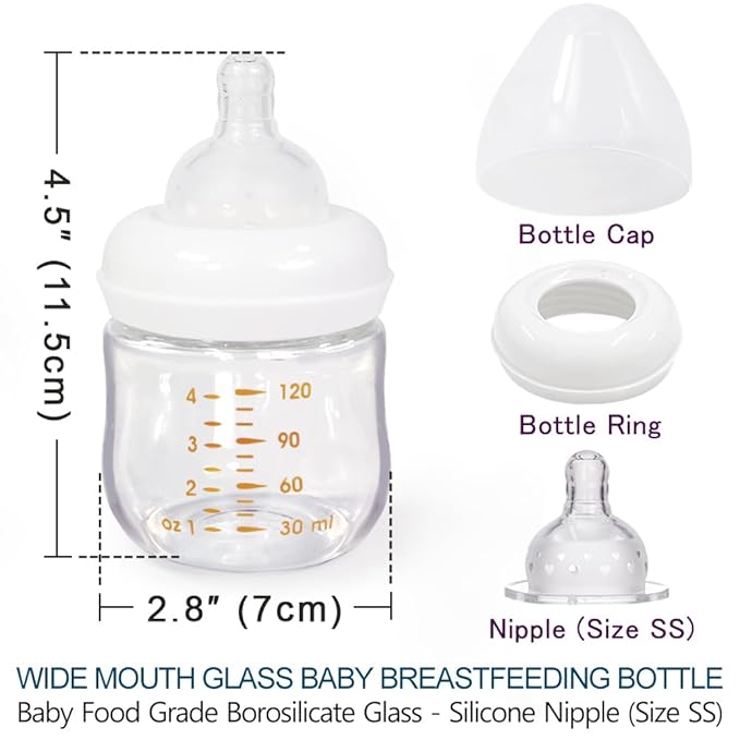 Matyz 1-Pack Glass Baby Breastfeeding Bottle with Cap (White, 4Oz) - Wide Neck New Born Bottles for Baby Breastfeeding Bottles for Newborn Babies Glass 4 Oz Glass Breastmilk Baby Bottles 0-3 Months