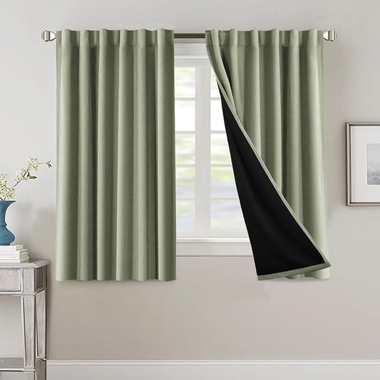 H.VERSAILTEX 100% Blackout Curtains for Bedroom with Black Liner Full Room Darkening Curtains 54 Inches Long Thermal Insulated Back Tab/Rod Pocket Window Drapes for Living Room, 2 Panels, Sage