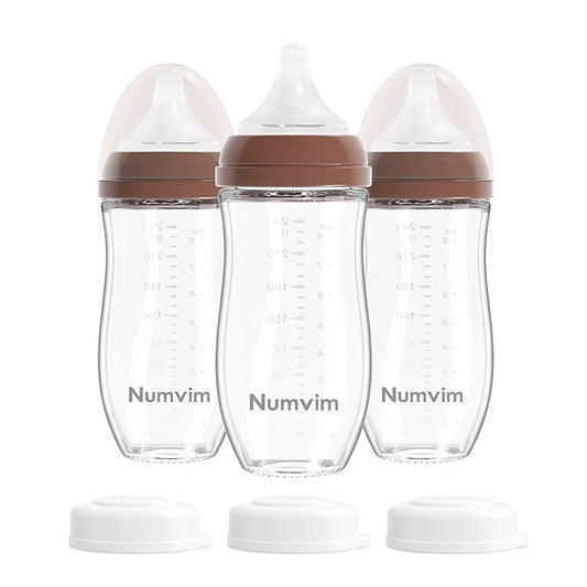 Numvim Natural Glass Baby Bottles Gentle & Extra Slow Flow, Newborn Breastfeeding Bottle with Anti Colic Nipple for 0 Months Babies, 3 Packs (Brown (8 Ounce), 1 Count (Pack of 3))