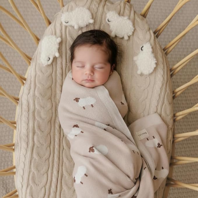 Baby Swaddle Blanket - 100% Luxury Cotton Knit Soft Cozy Lightweight Unisex Receiving Stroller Quilt Blanket for Shower Gift Registry for Newborns Infants Toddlers (Sheep - Khaki)