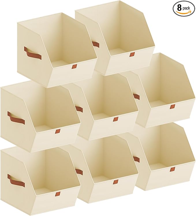 Fabric Closet Storage Cubes - 8 Pack Square Storage Bins with Dual Handles for Clothes, Towels, Toys, Cube Storage Organizers for Bedroom, Nursery, Shelves, Closet, Small Spaces, Beige