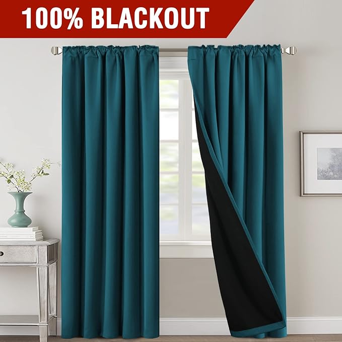 H.VERSAILTEX 100% Blackout Curtains for Bedroom with Black Liner Full Room Darkening Curtains 84 Inches Long Thermal Insulated Back Tab/Rod Pocket Window Drapes for Living Room, 2 Panels, Dark Teal