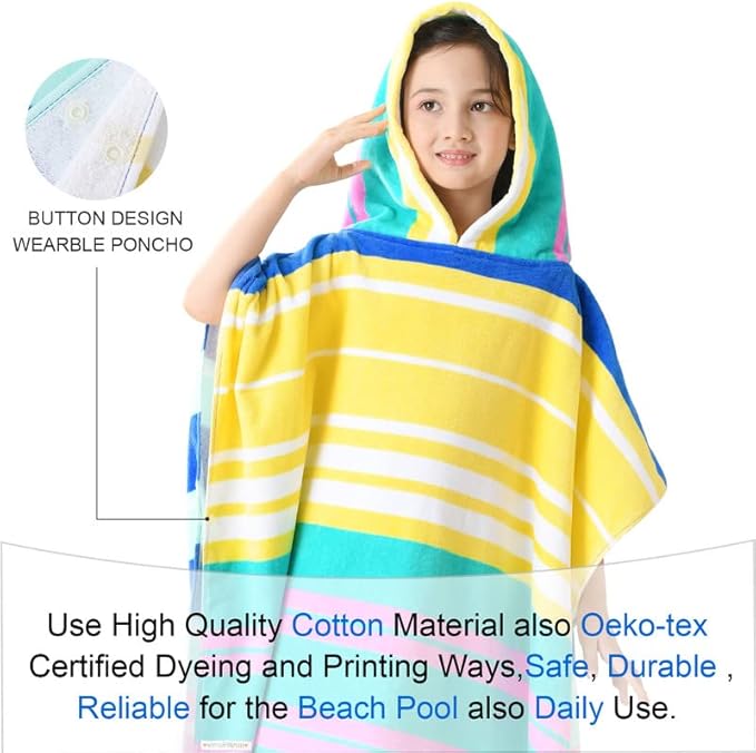 VOOVA & MOVAS Hooded Towels Poncho for Big Kids, Oversized (6-12Years,26"X64") Made from 100% Soft Cotton,Perfect for Swimming | Bathing | Beach | Birthday Gifts, Colorful Stripe