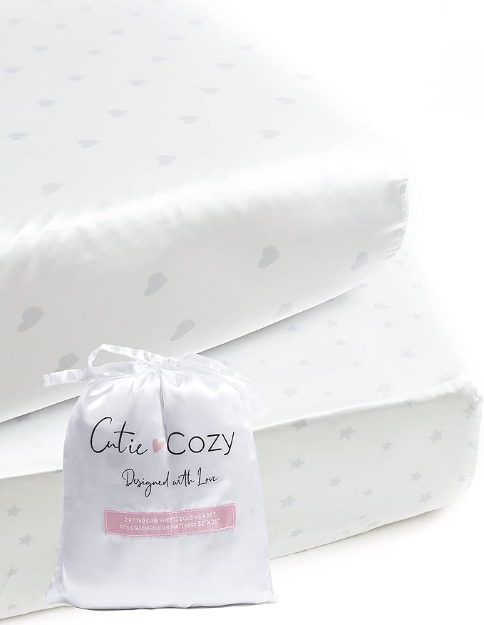Satin Fitted Crib Sheet (2 Pack) Premium Oeko-TEX Certified Satin Crib Sheet Set, Prevents Bald Spots Like Silk Crib Sheets for Baby Hair (White with Light Gray Hearts & Stars)