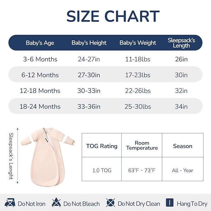 Baby Sleep Sack 3–6 Months, Cotton Sleep Sack with Detachable Long Sleeves, 1.0 TOG Wearable Blanket for Cooler Nights, 2-Way Zipper Toddler Sleeping Sack with Temperature Strip, Pink