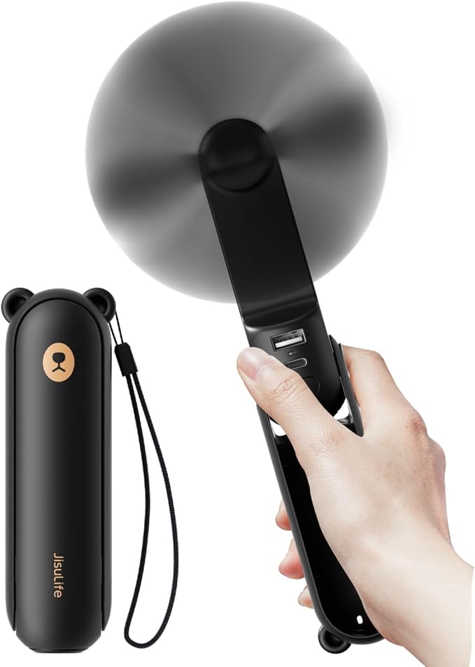 JISULIFE Handheld Fan with 4500 mAh Powerbank Max 37 Hours Runtime, Pocket Portable Battery Operated or USB Powered Folding Personal Fan, 3 Speeds, Valentines Day Gifts for Her Him-Black