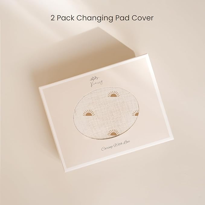 Konssy Muslin Changing Pad Cover for Baby Girls Boys, 100% Cotton Fitted Diaper Chang Table Covers, Soft Breathable Changing Pad Sheets, 2 Pack (Camel,Sun)