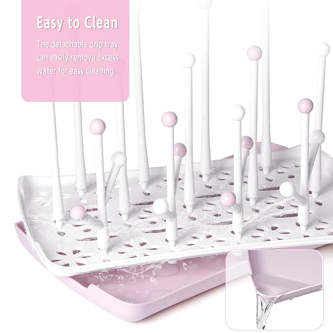 Termichy Baby Bottle Drying Rack, Large Capacity Baby Bottle Rack for Bottles, Dry Rack with Removable Water Tray(Pink)
