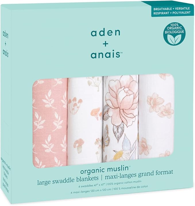 aden + anais Swaddle Blanket, 100% Organic Cotton Muslin Blankets for Girls & Boys, Baby Receiving Swaddles, Ideal Newborn & Infant Swaddling Set, 4 Pack, Earthly
