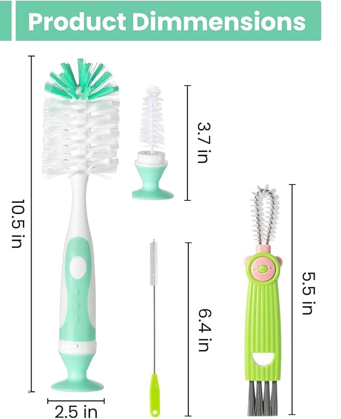 Ariseno 4-in-1 Baby Bottle Brush Set, Bottle Brush Cleaner, Bottle Cleaner Brush Set, Including Nylon Bottle Brush, Bottle Cap Brush, Straw Brush, Nipple Brush, BPA-Free (Green)