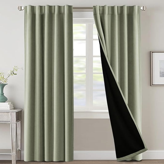 H.VERSAILTEX 100% Blackout Curtains for Bedroom with Black Liner Full Room Darkening Curtains Thermal Insulated Back Tab/Rod Pocket Window Drapes for Living Room, 2 Panels, 42 x 84 Inch, Sage