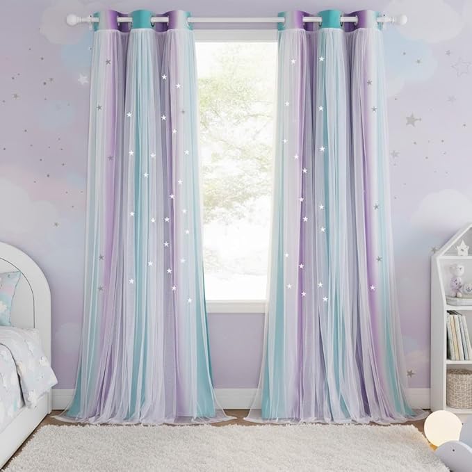 NICETOWN Nursery Blackout Curtains - Thermal Insulated 84 inches Long Girls Bedroom Drapes Ombre Rainbow Star Hollow-Out Curtains for Nursery, 2 Panels, Teal & Purple, 42" Wide per Panel