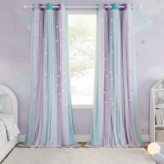 NICETOWN Nursery Blackout Curtains - Thermal Insulated 84 inches Long Girls Bedroom Drapes Ombre Rainbow Star Hollow-Out Curtains for Nursery, 2 Panels, Teal & Purple, 42" Wide per Panel